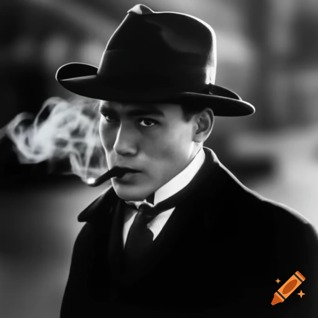 1940s detective in Myanmar wearing black coat and hat, smoking