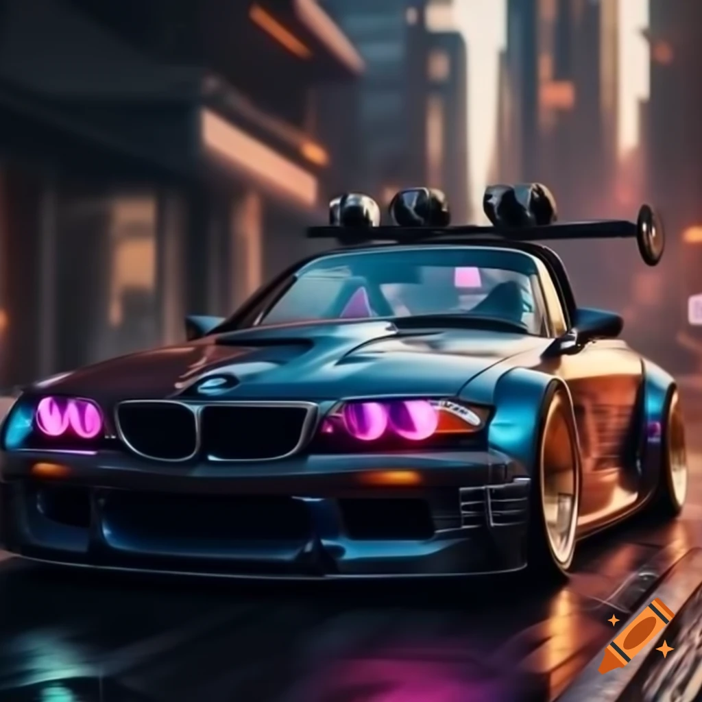 1999 BMW 3 Series convertible reimagined as a flying cyberpunk car with vibrant colors