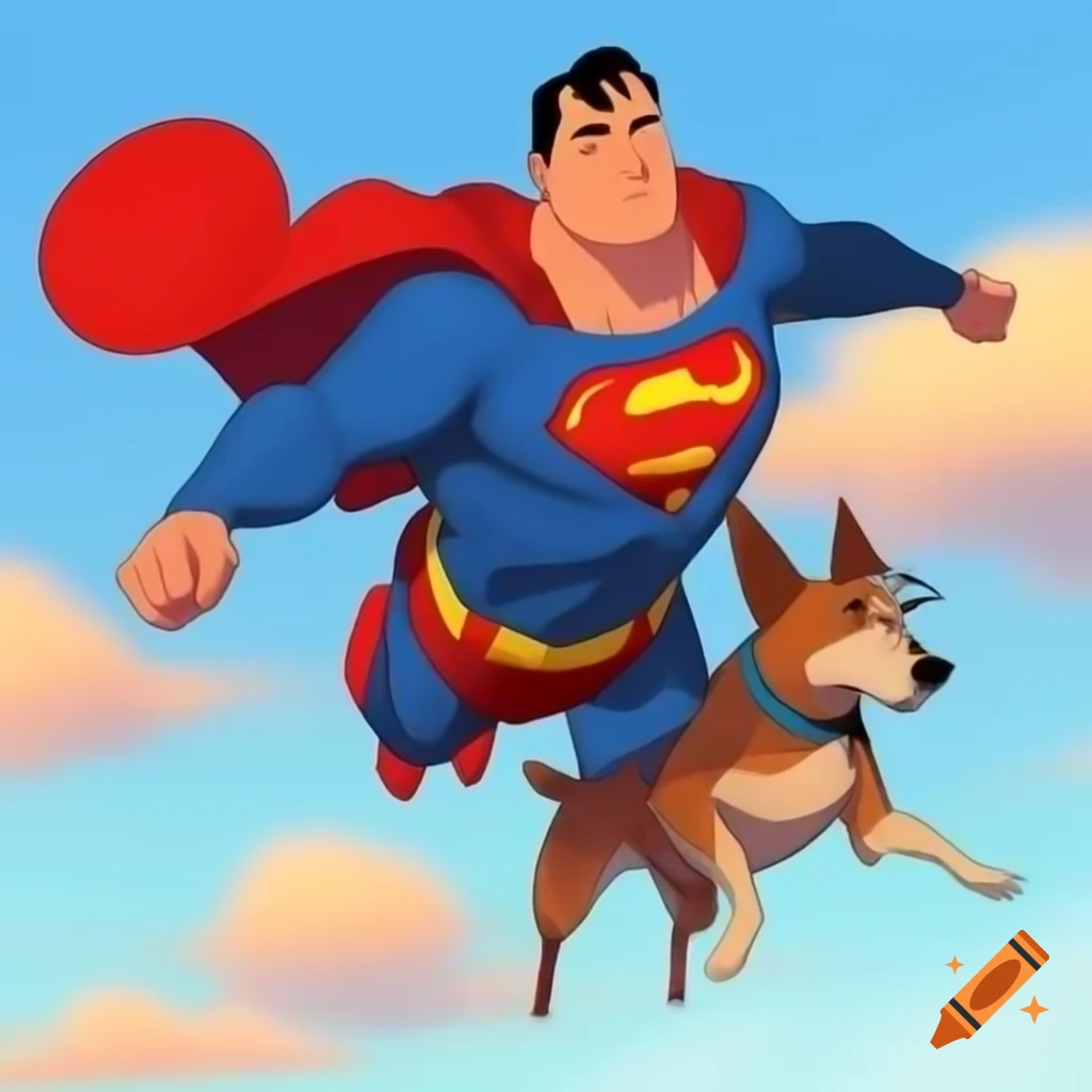 Superman and dog flying in Studio Ghibli style