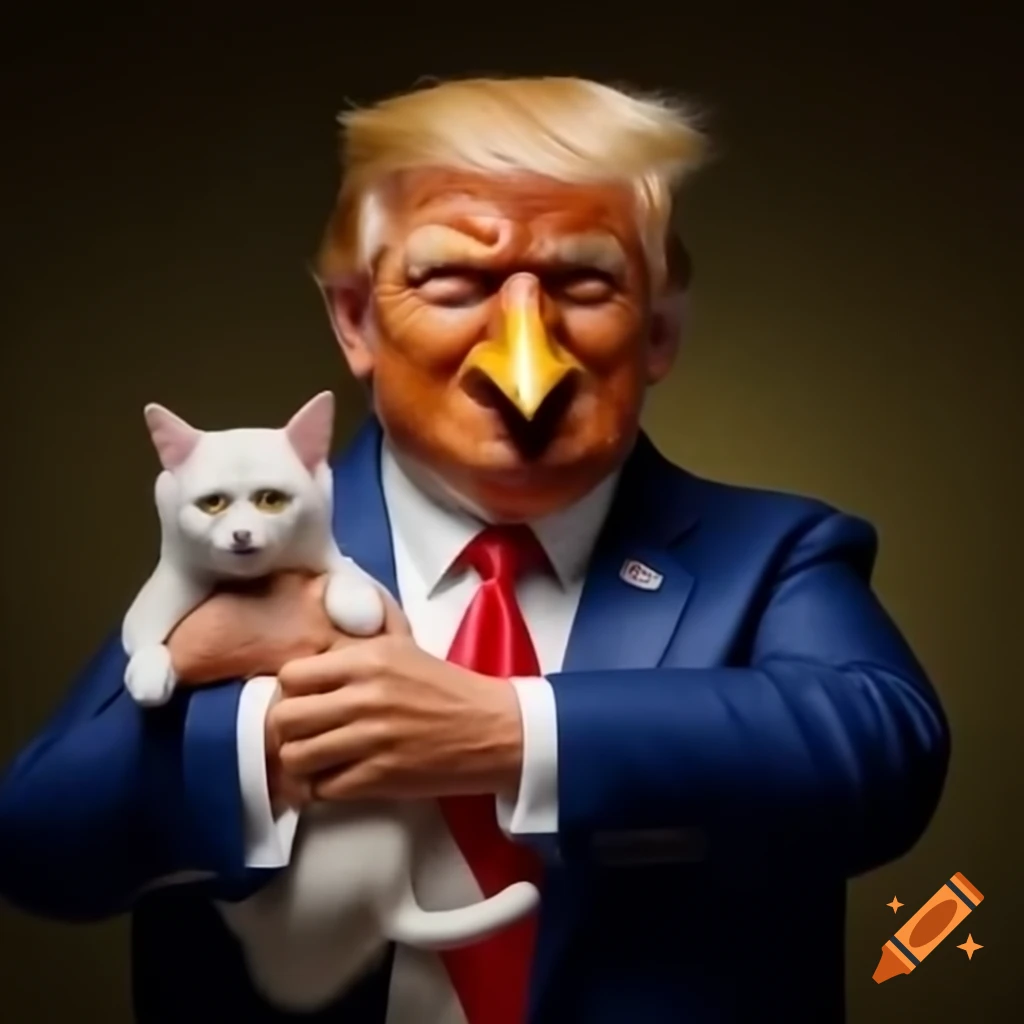 Surreal figure with chicken body and Donald Trump's head holding a kitten