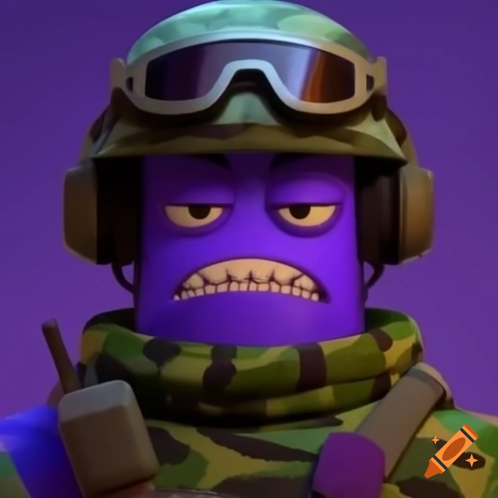 Purple character in helmet and camo outfit
