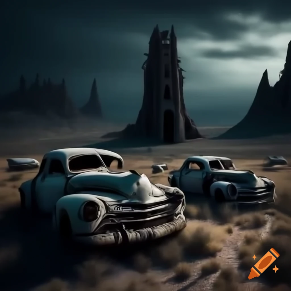 Ghosts in dark car junkyard at night with possessed car