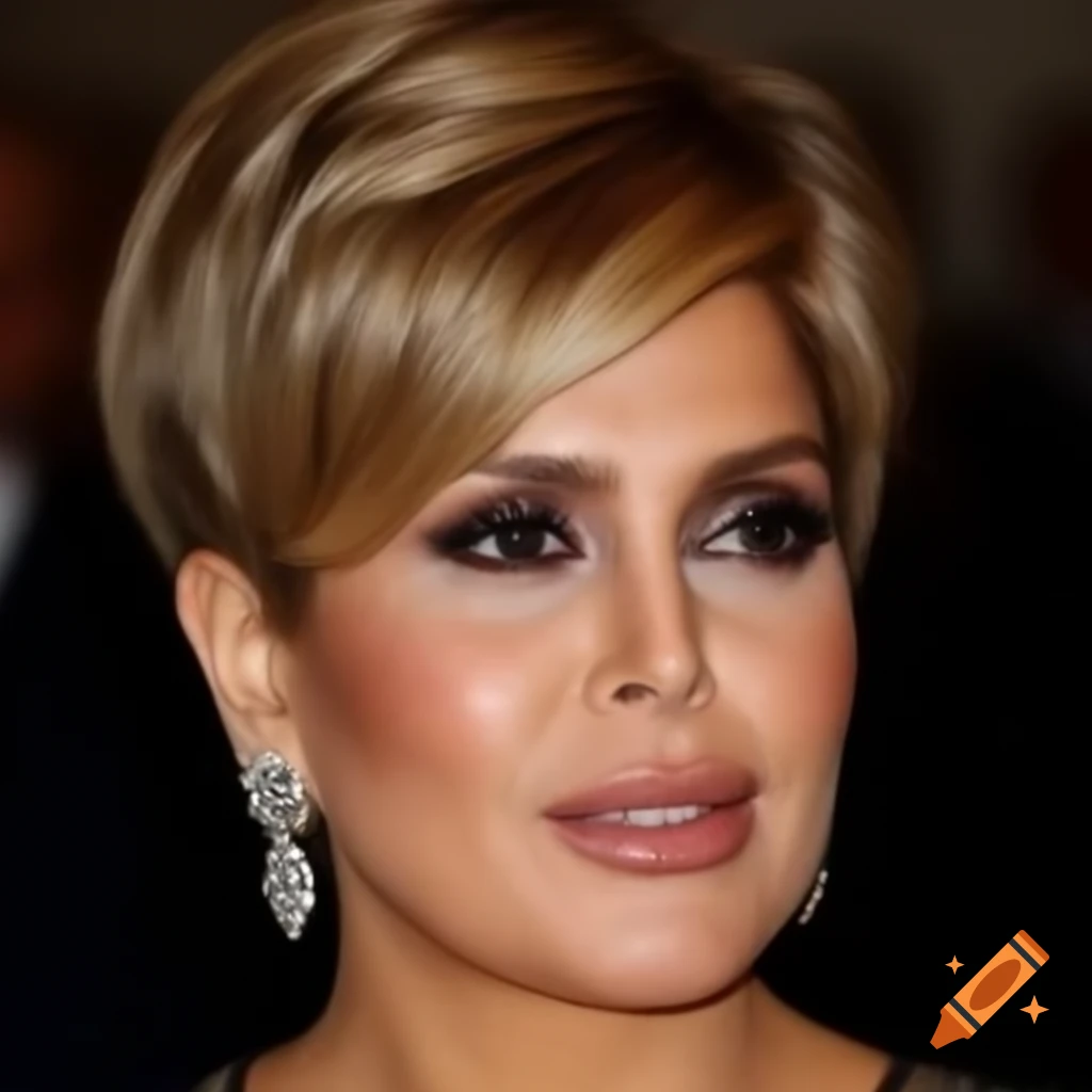 Princess Haya with bold short pixie cut highlighting sharp features