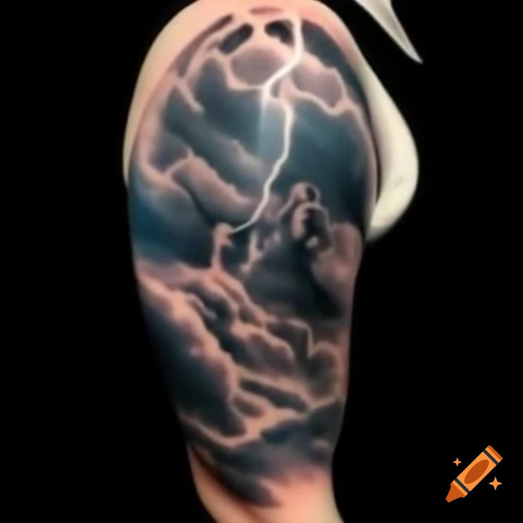 Tattoo of storm clouds and Zeus throwing lightning bolt on shoulder
