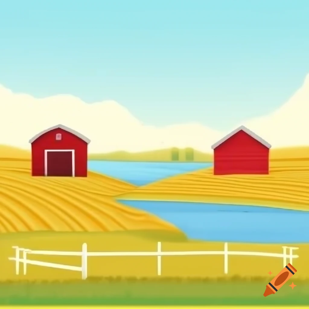 Flat Style Cartoon Farm With Red Barn Lake White Fence And Wheat 