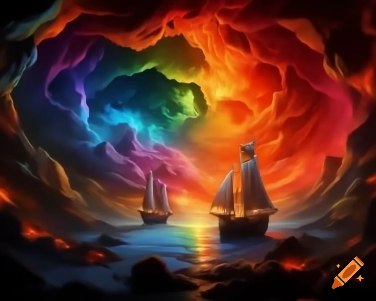 Rainbow illusion in molten cave with volcanic fire