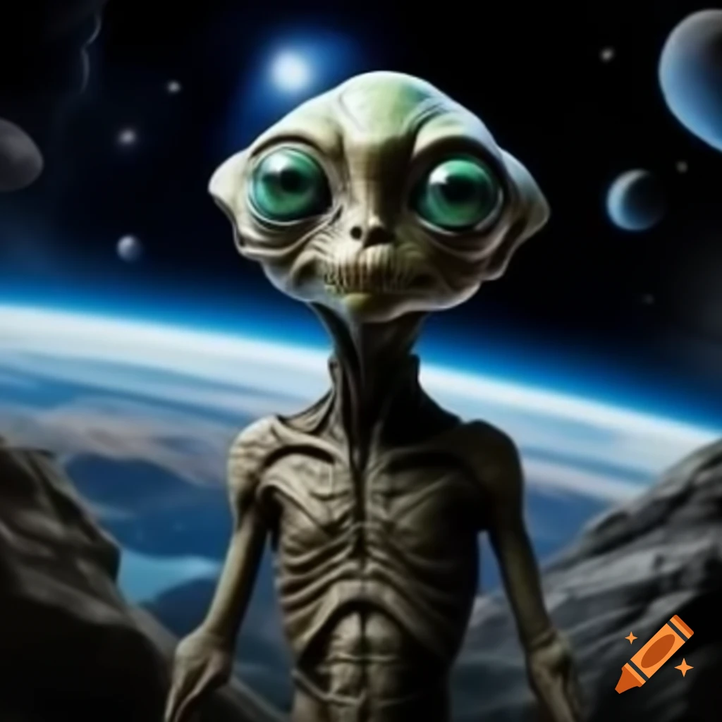 Alien portrait set against a space landscape