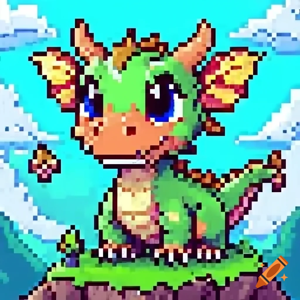 Pixel art of a baby mountain dragon