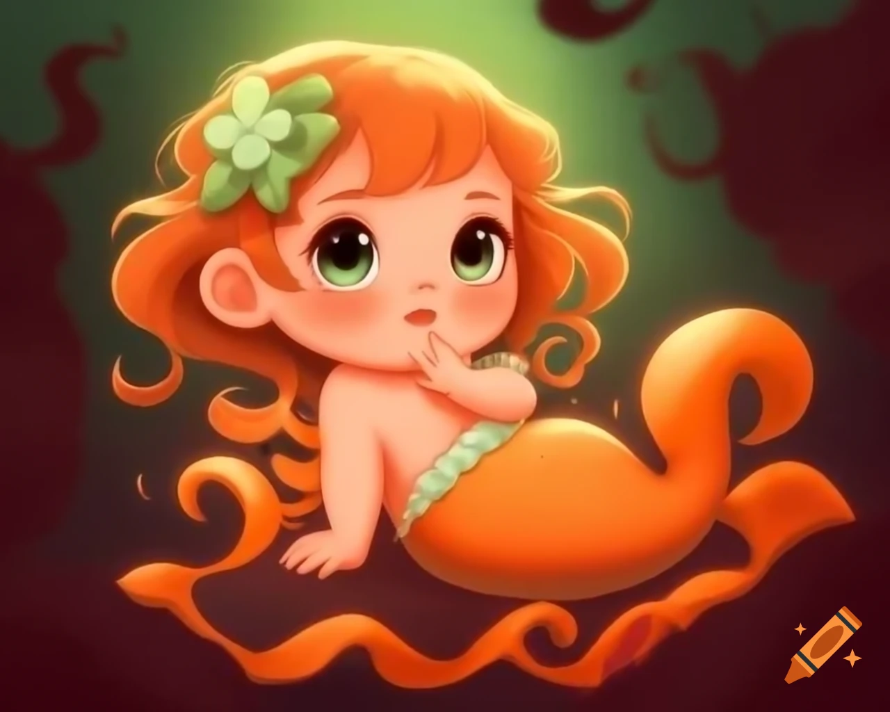 Baby mermaid with orange seaweed hair in storybook style