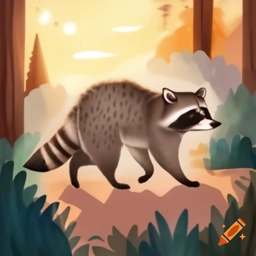 Raccoon walking in forest at sunset holding a flower, pencil drawing