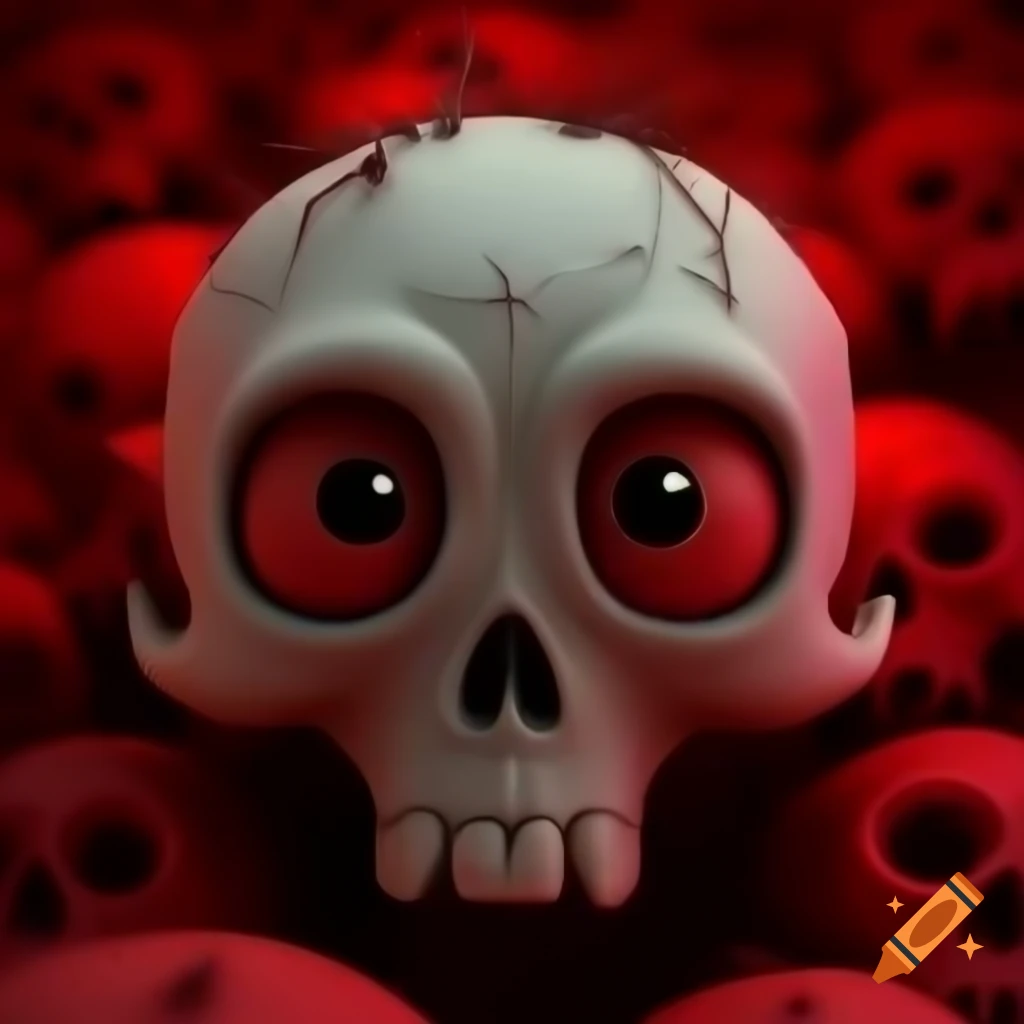 Creepy skull in Pixar cartoon style against red background