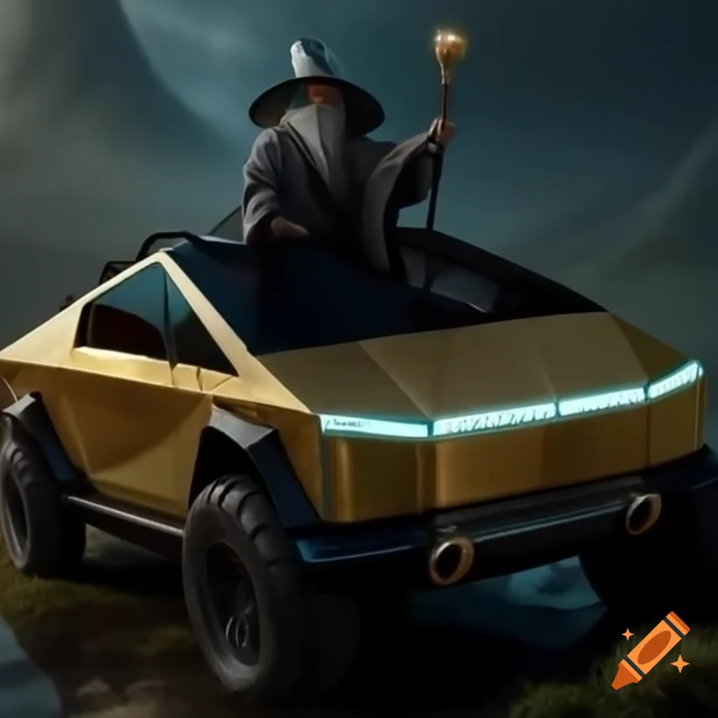 Gandalf the Grey character inside gold cybertruck