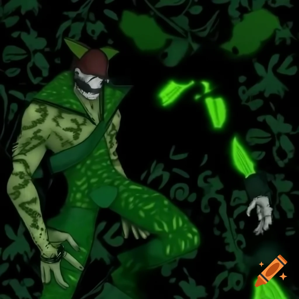 Hero In Dark toned Suit With Leaf And Vine Patterns Designed To Blend hero-in-dark-toned-suit-with-leaf-and-vine-patterns-designed-to-blend