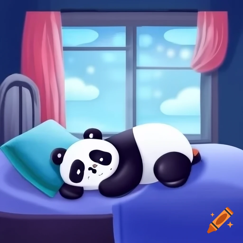 Sleeping panda cub cuddled with green stuffed turtle in serene room