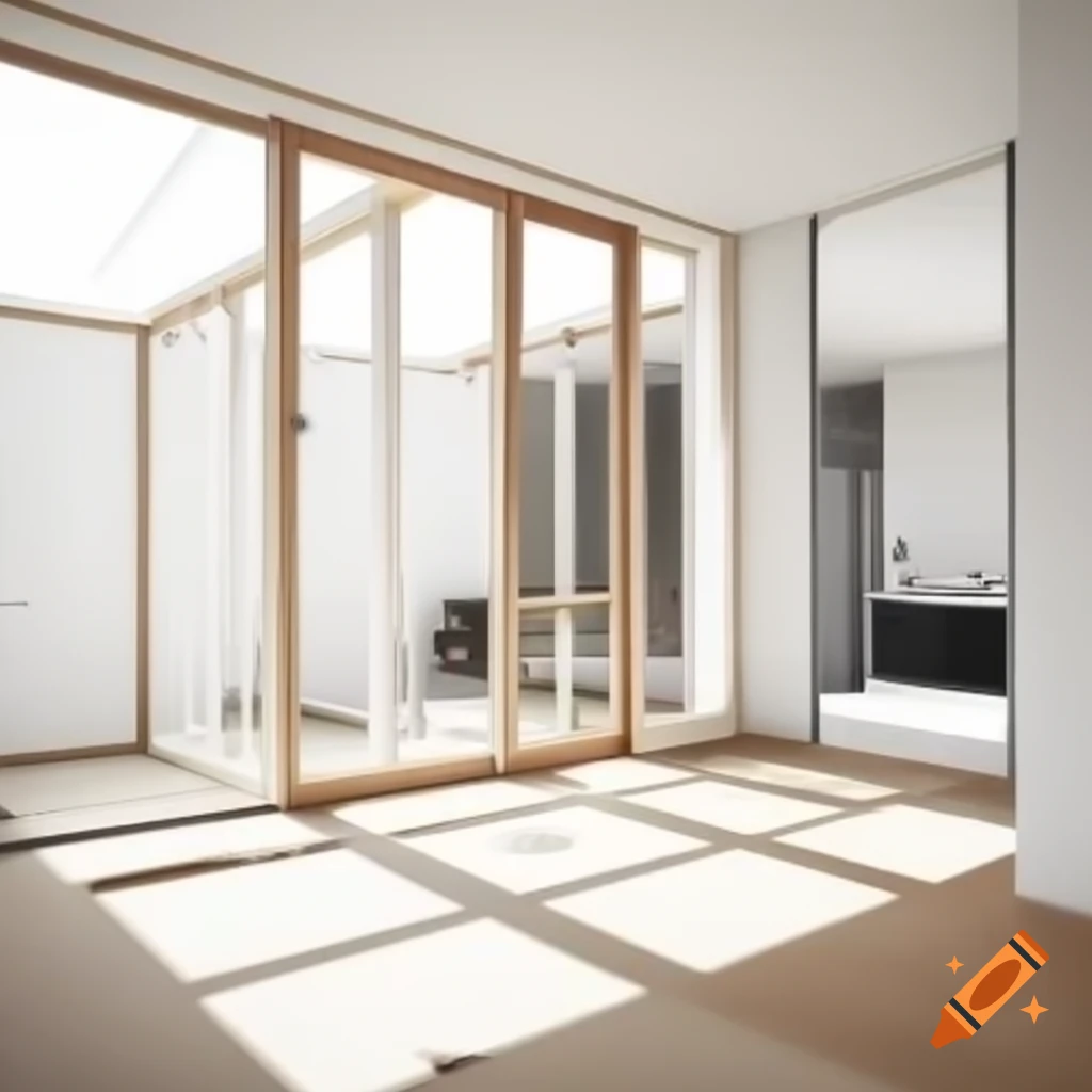 Contemporary floor plan for adobe house on small plot with open living spaces and large windows