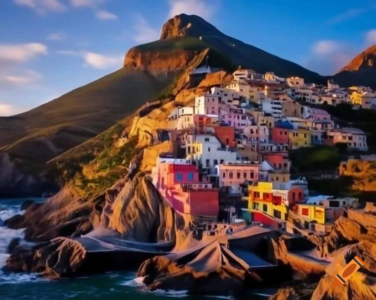Charming village with colorful houses on picturesque mountain slopes