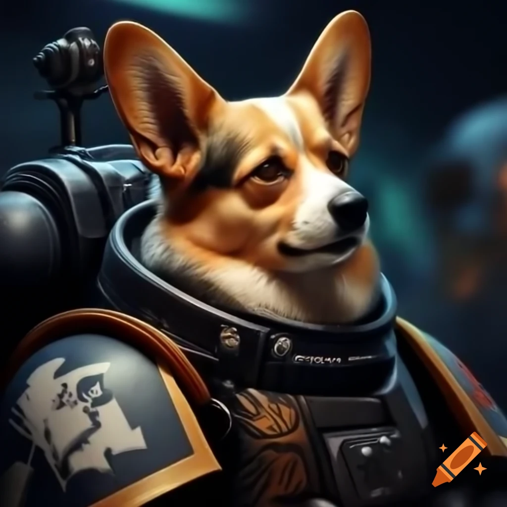 Corgi dressed in Warhammer space marine suit