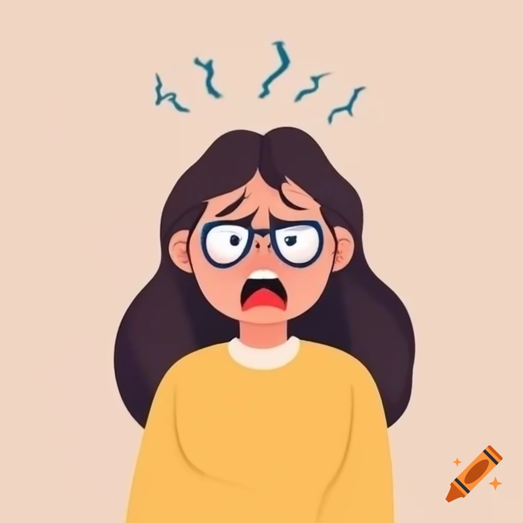 Young woman with glasses expressing anger and long hair