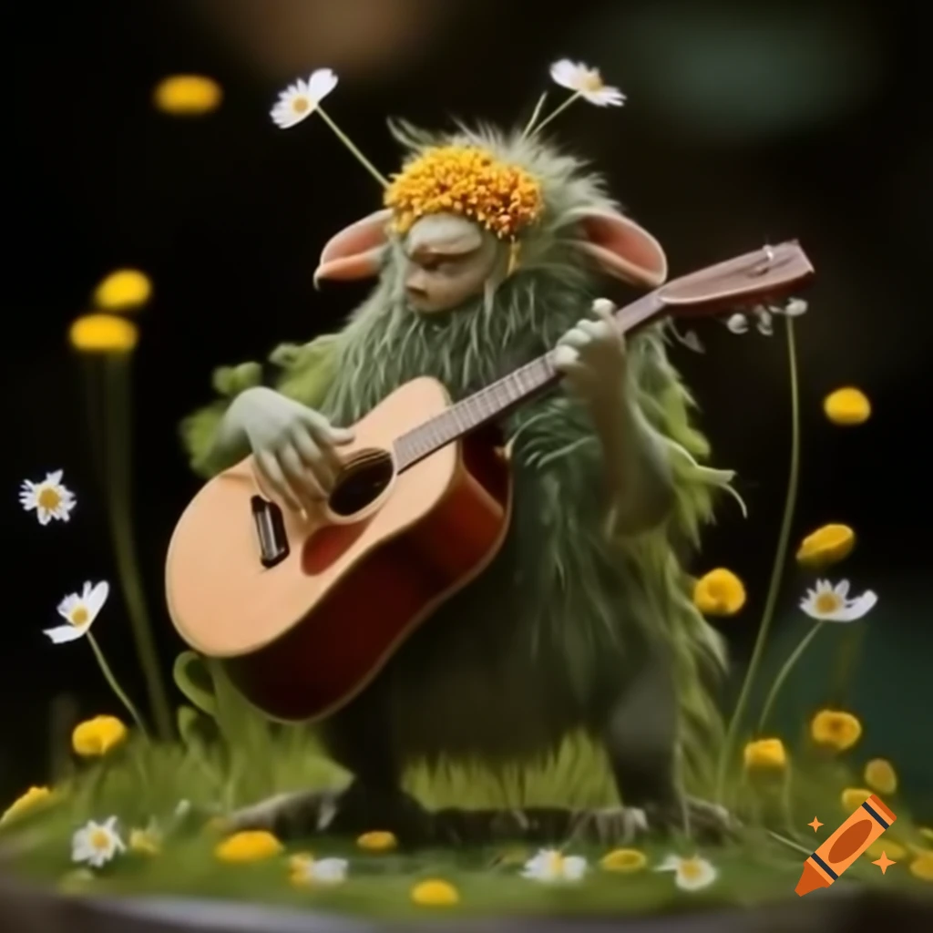 Wildflower monster playing acoustic guitar in hobbit hovel, highly detailed