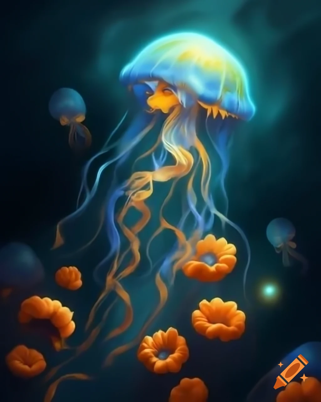 Celestial scene with galactic waters and luminous jellyfish ascending