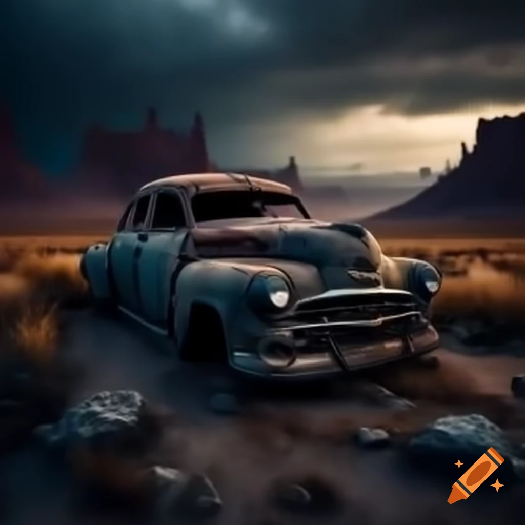 Haunted abandoned car junkyard in remote wilderness at night