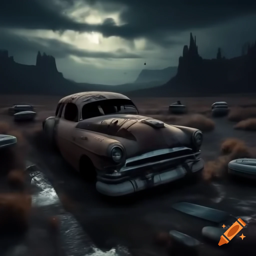 Haunted abandoned car junkyard in remote wilderness at night