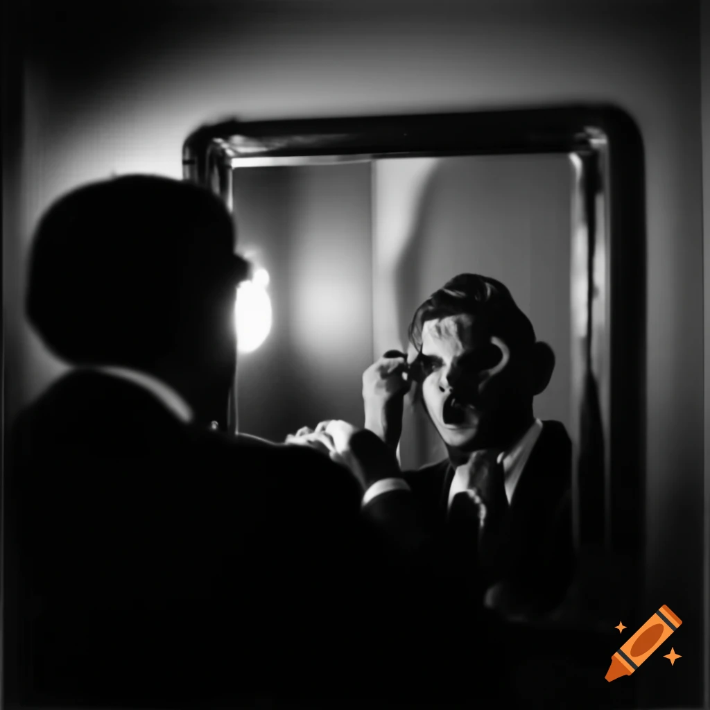 Gentleman in suit looking into mirror, encountering shadowy devil doppelganger