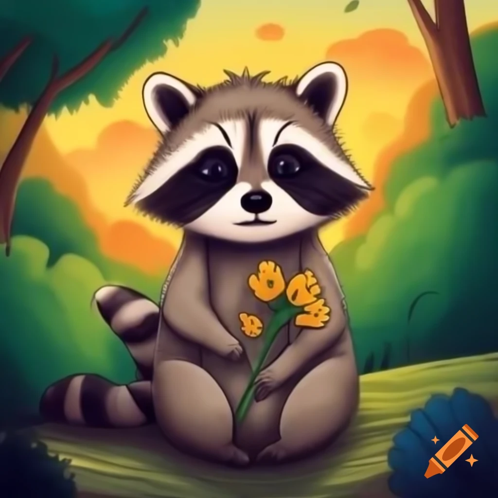 Pencil drawing of raccoon holding flower in forest at sunset