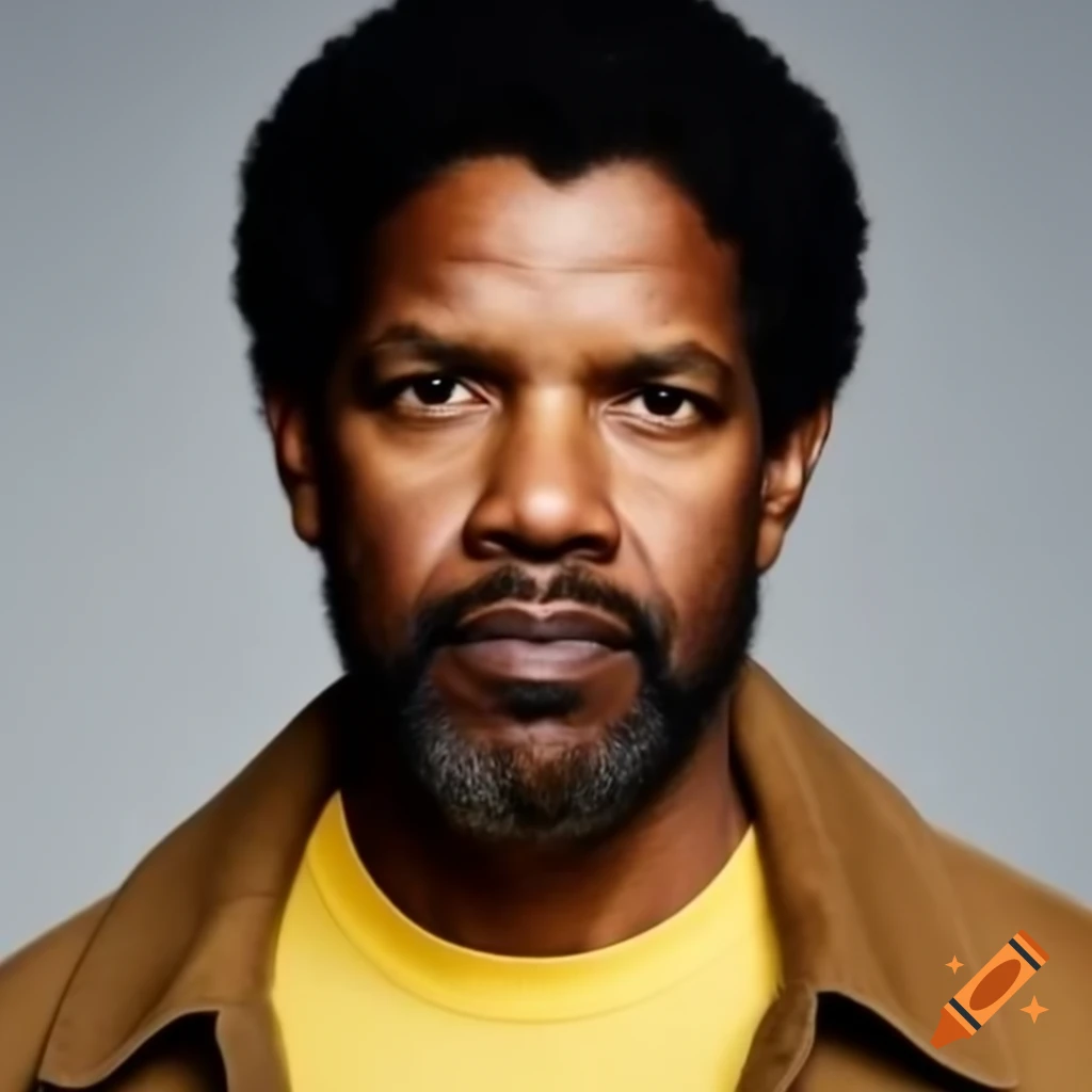 Denzel Washington in tan jacket and yellow t-shirt with curly black hair and beard