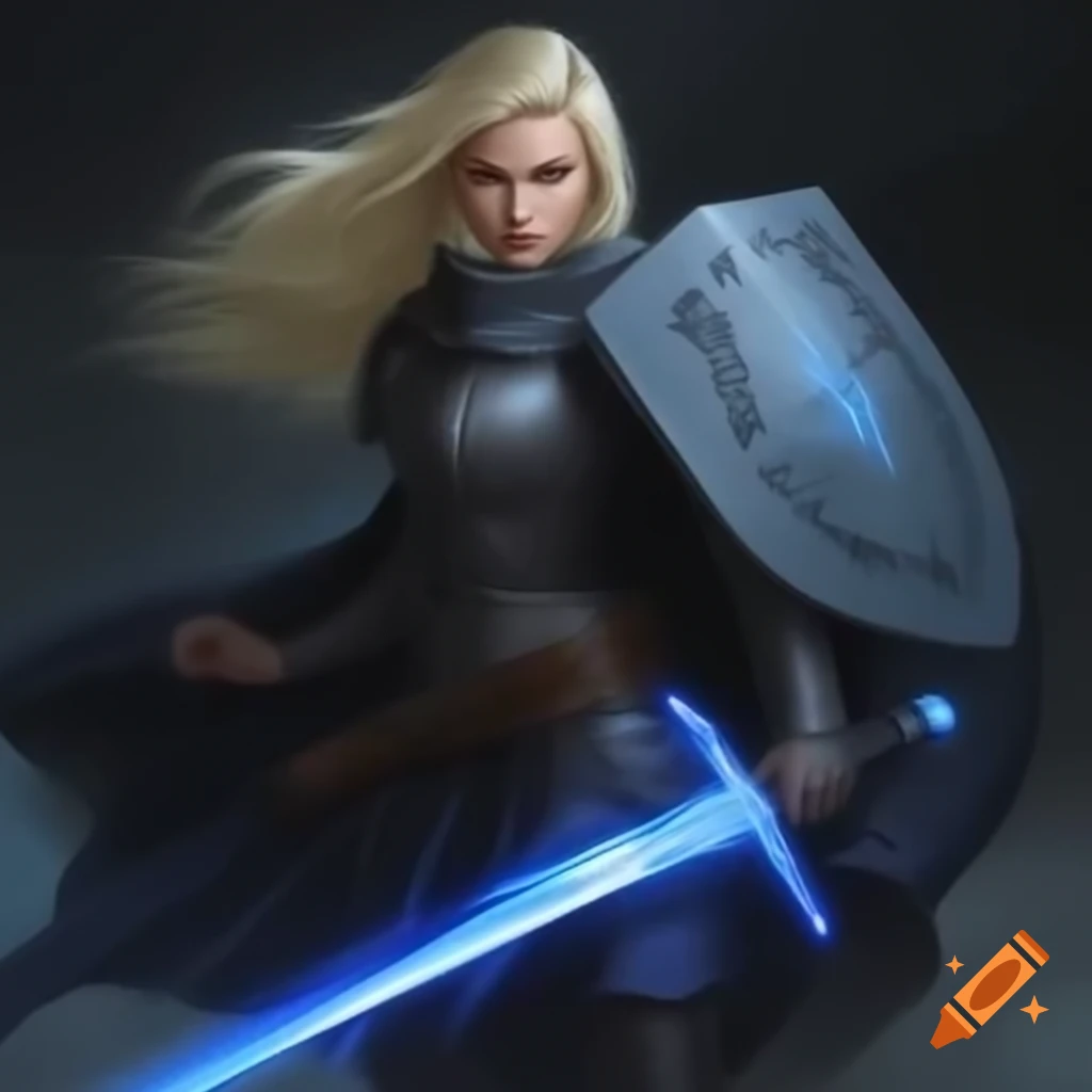 Young woman in full plate armor wielding shield and glowing blue sword