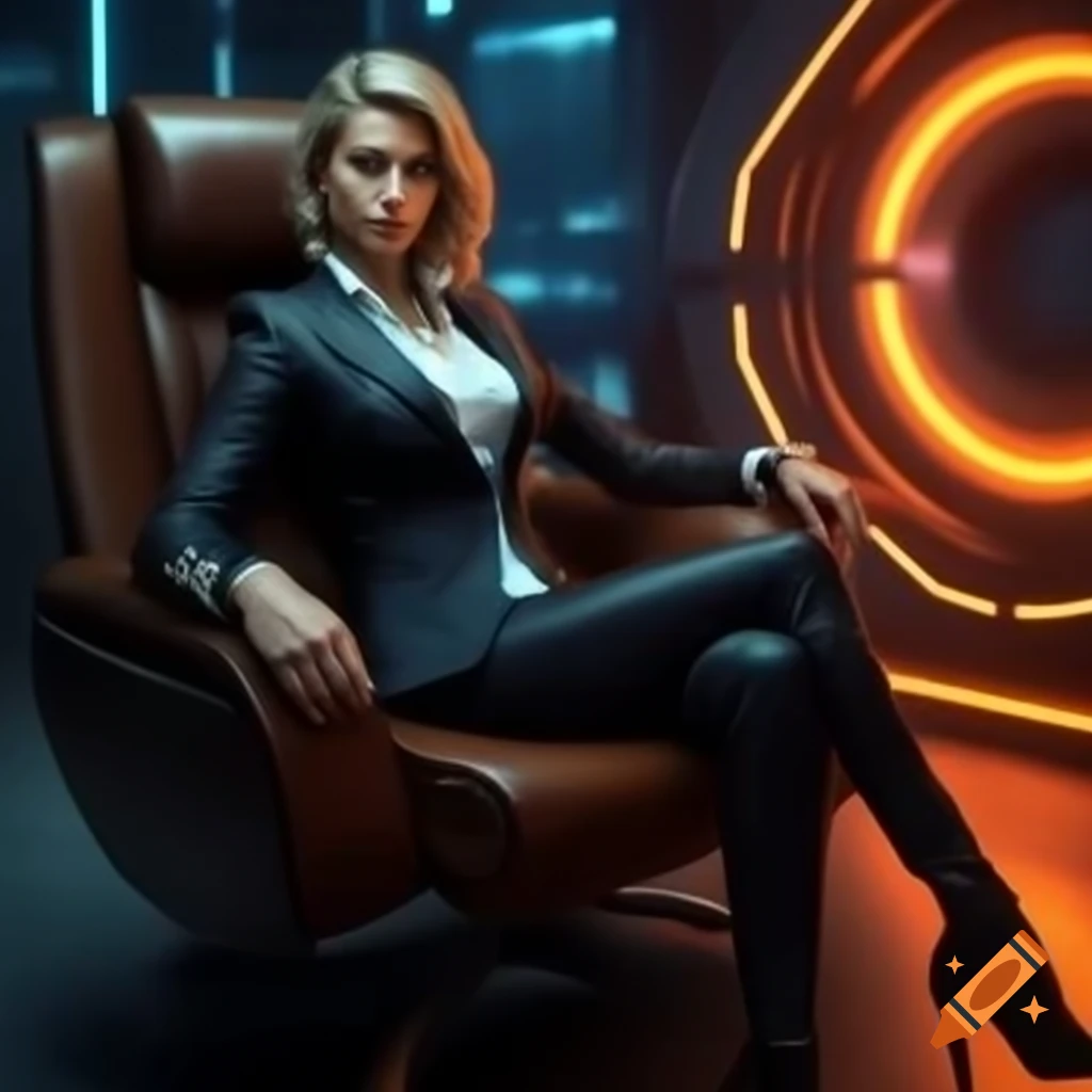 Professional chairwoman in suit sitting in leather chair with futuristic orange office background