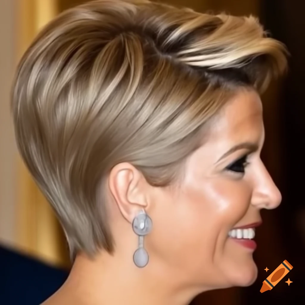 Queen Maxima showcasing a bold short pixie cut, side and rear view