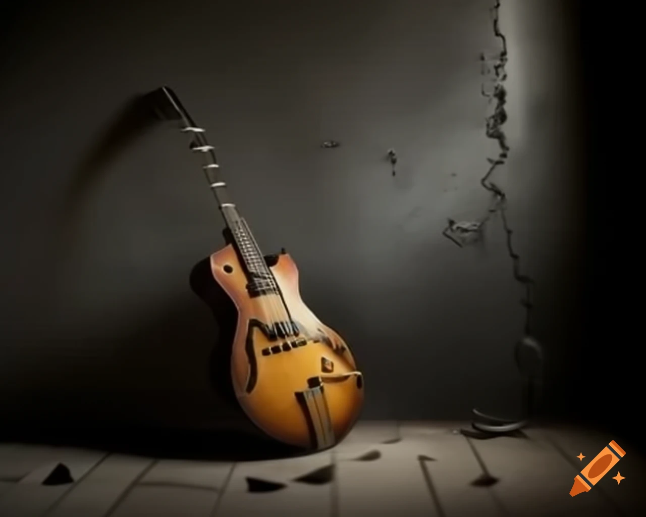 Old guitar with broken strings leaning against a wall