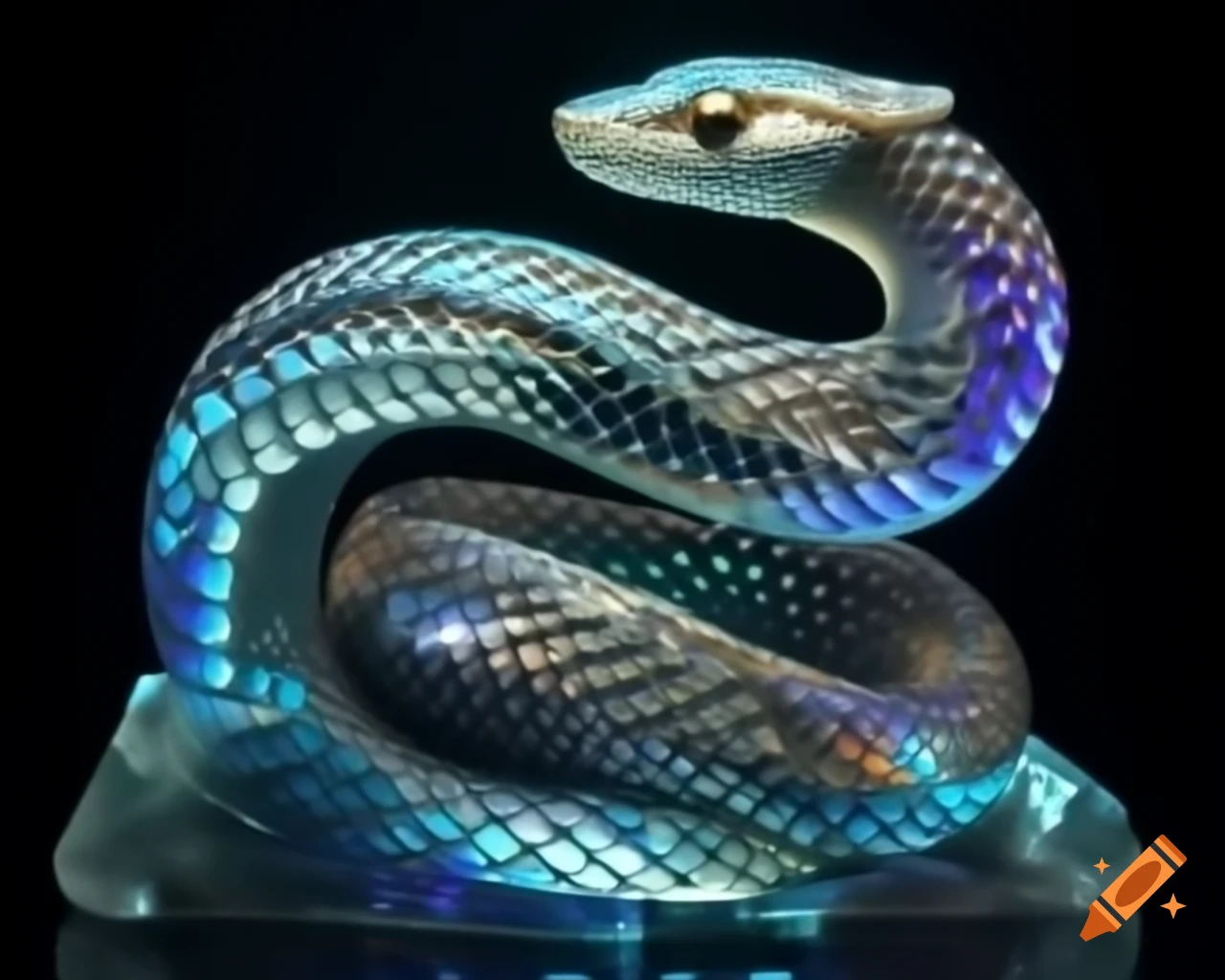 Sculpture of a sinuous crystal snake reflecting light with iridescent facets