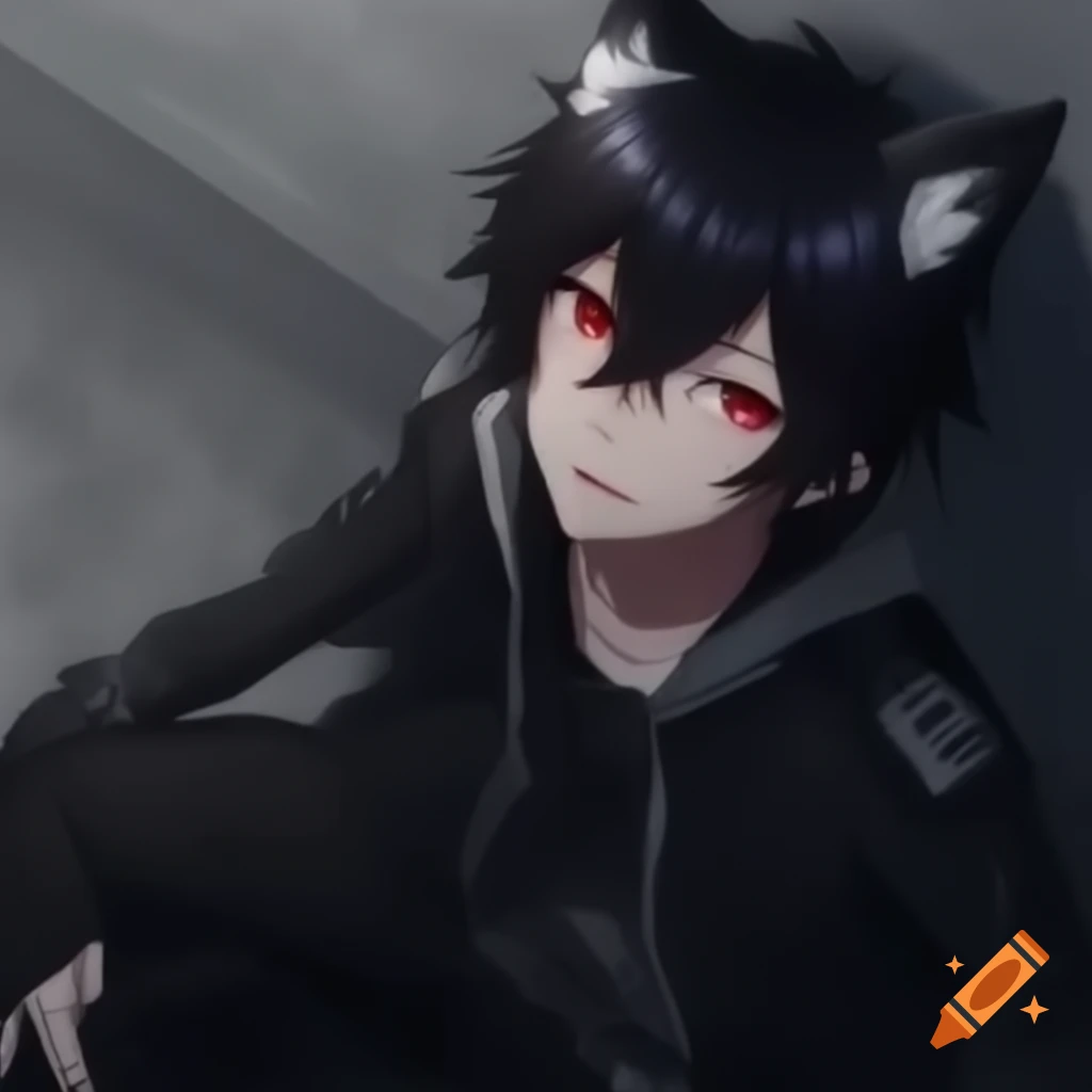 Anime boy with wolf ears and tail in black combat gear, smiling against a wall