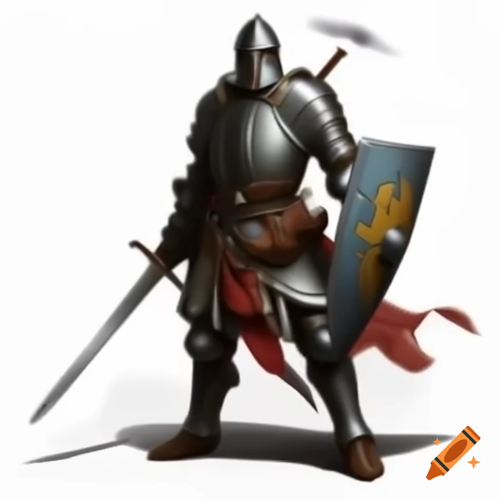 Medieval fighter in full armor with sword and shield in combat stance, comic style