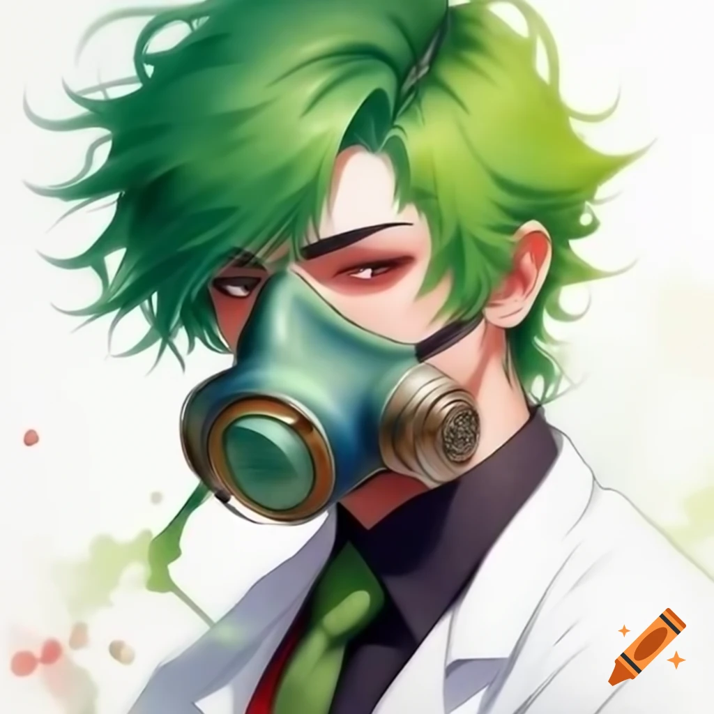 Anime scientist character with green hair and gas mask, wearing a lab coat