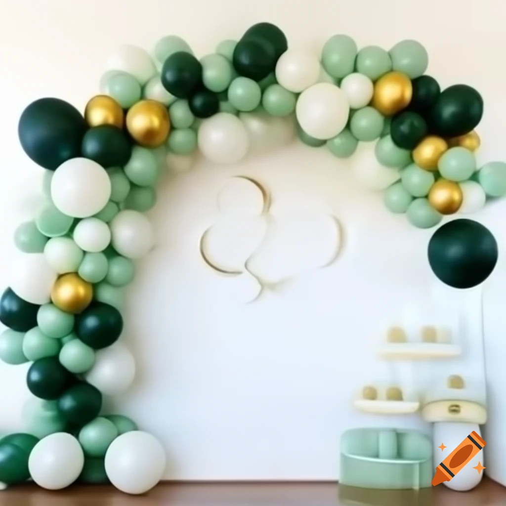 Birthday background with white arch and balloon arch in sage, white, gold, and dark green, featuring a white crescent moon stand