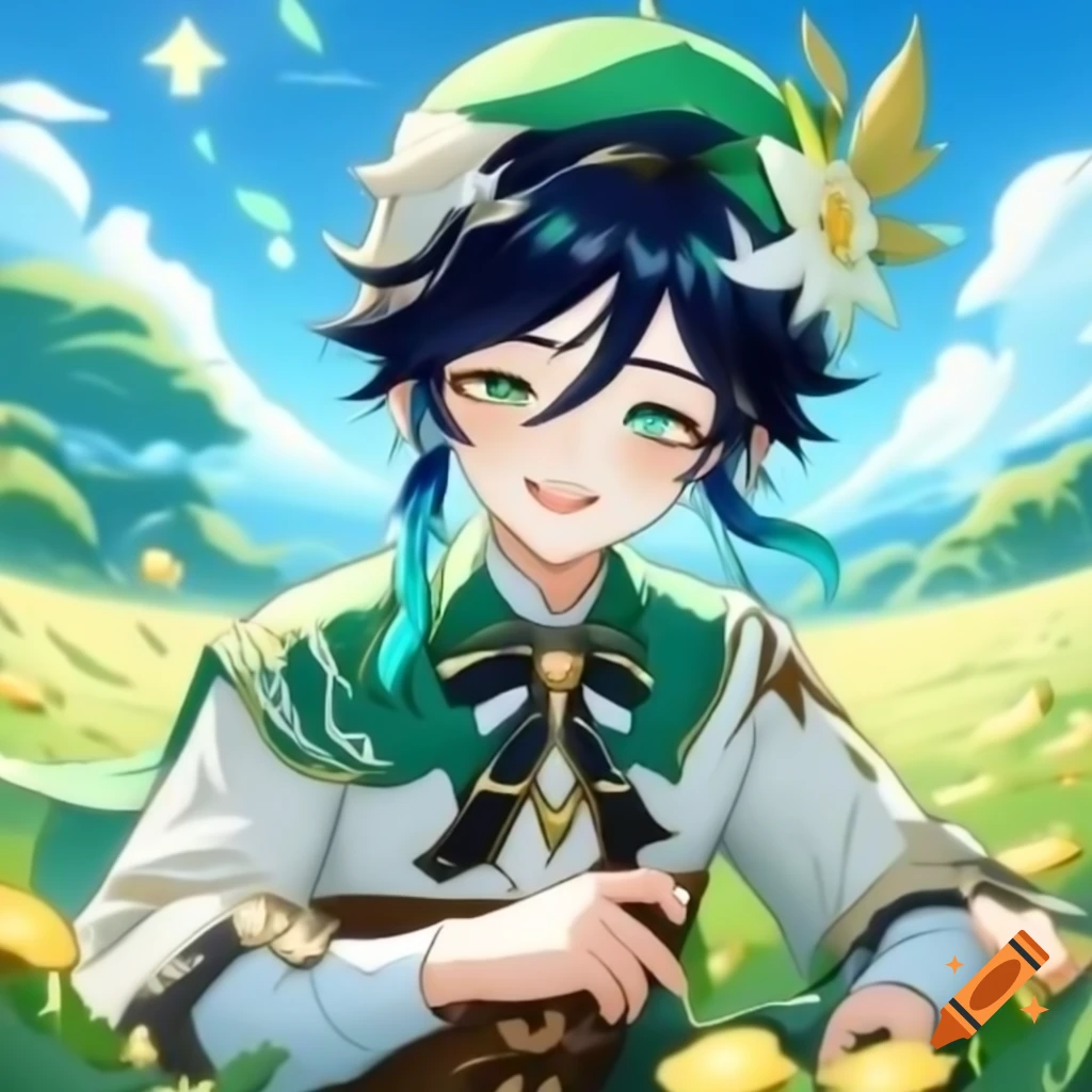 Character lying in a field of wind-swept asters with blue colors