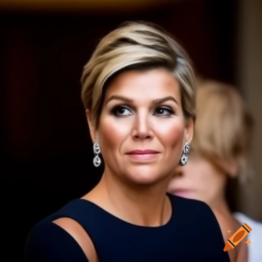 Queen Maxima showcasing modern confidence with bold pixie cut and sharp features