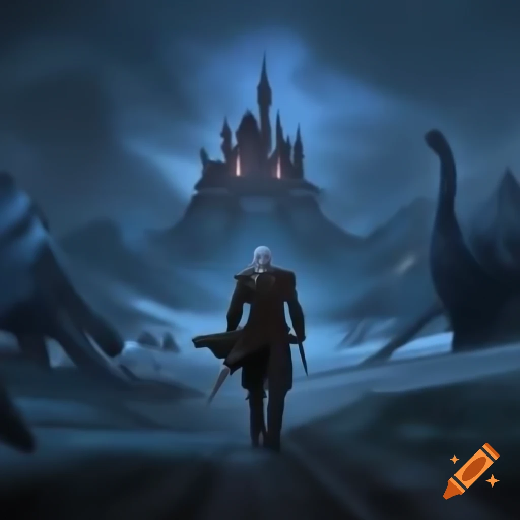 Witcher walking on snowy path with horse, dark castle and dragon in the horizon
