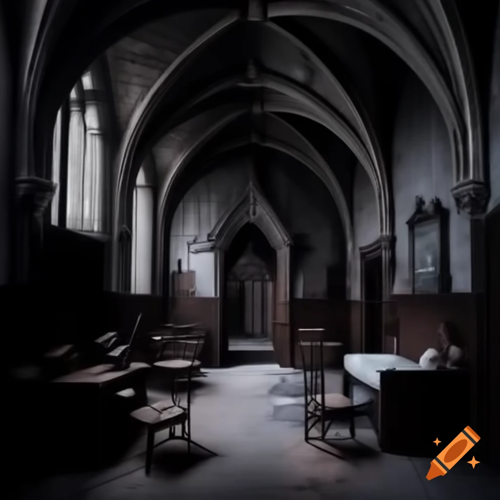 Eerie gothic dark architecture interior with furniture