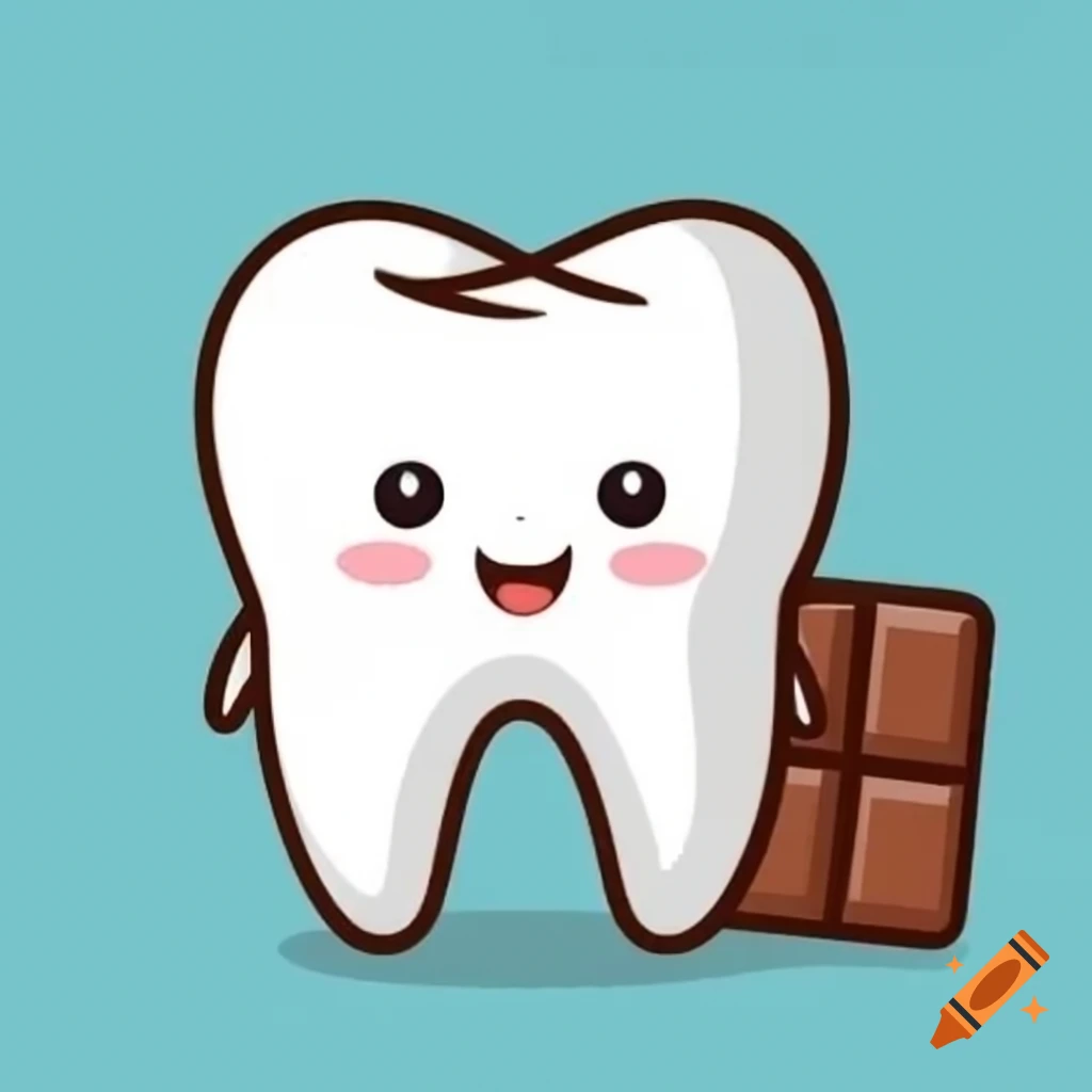 Cartoon tooth character holding chocolate