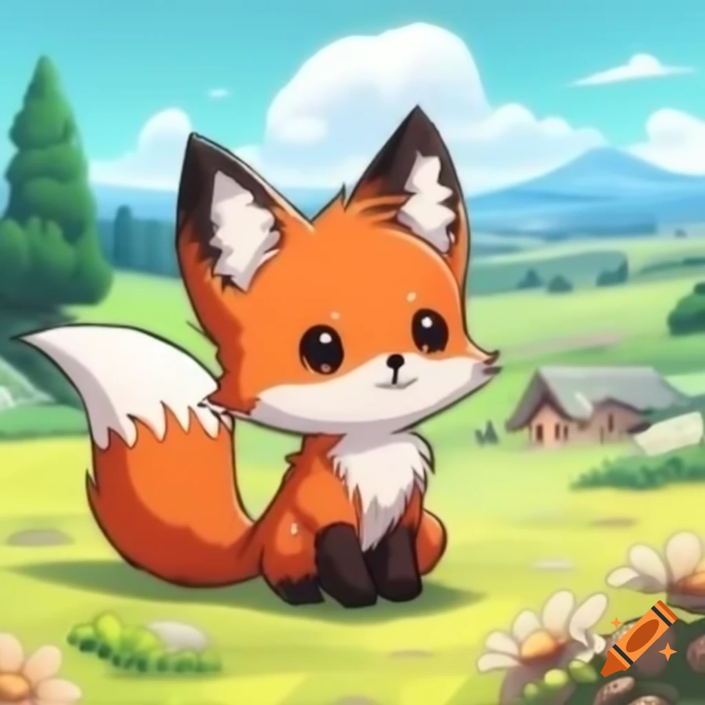 Chibi fox in scenic countryside, classic anime illustration with fine details