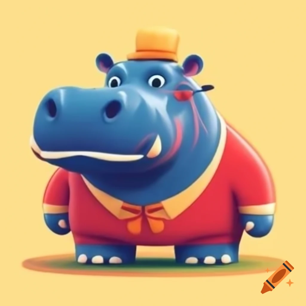 Cartoon hippo in vintage and retro styles