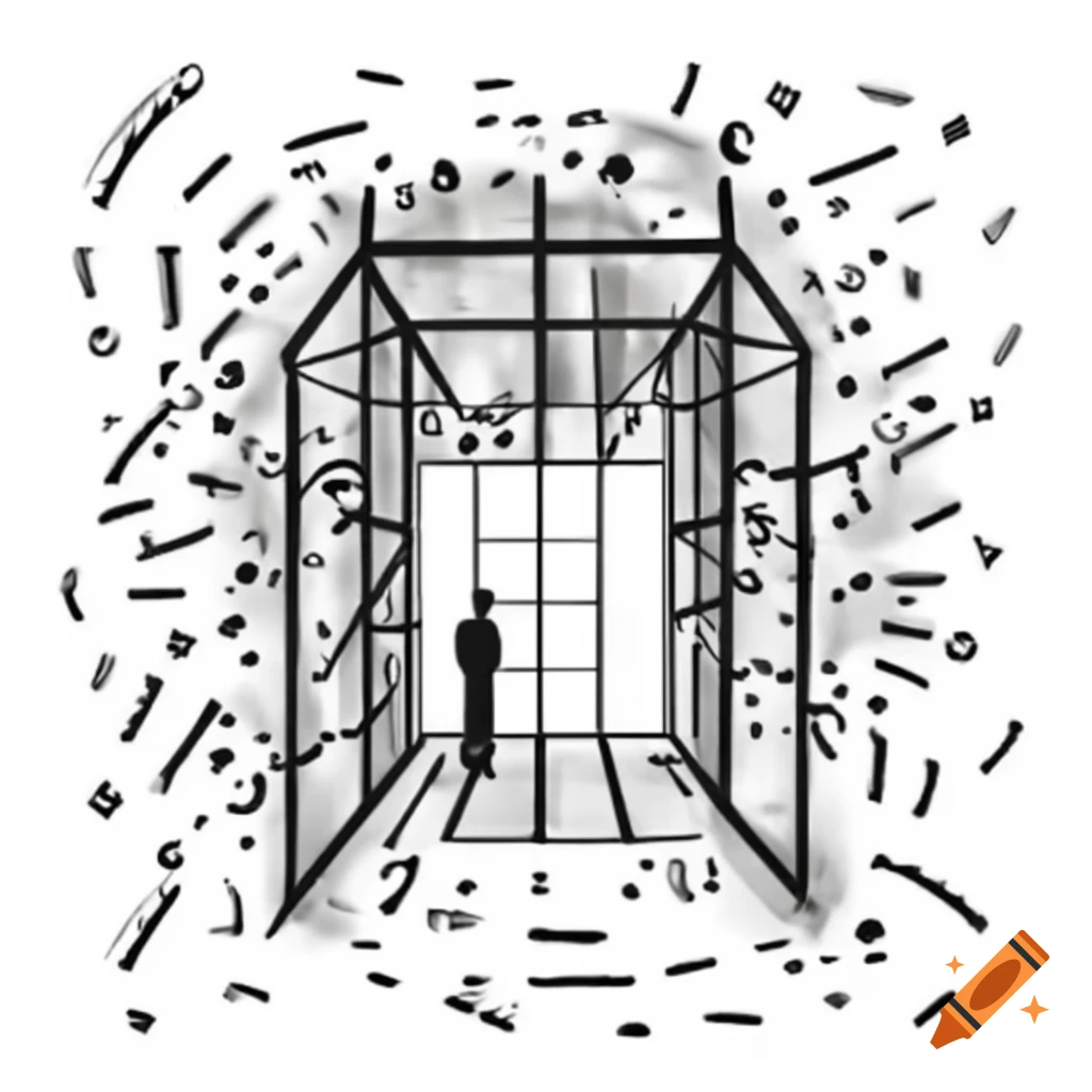 Abstract depiction of a thought prison, complex and intricate