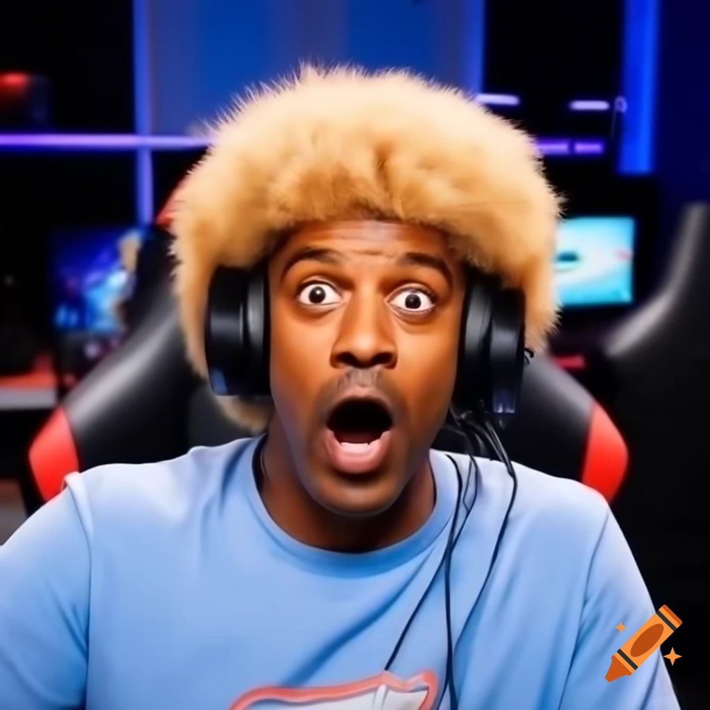 Denzel Washington with blonde curly hair in gaming room, showing shocked expression