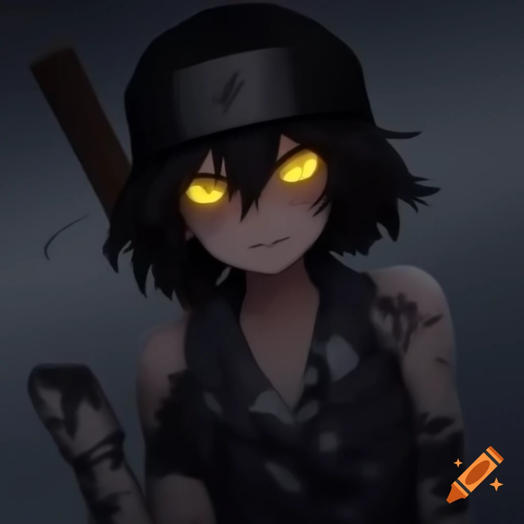 Older anime character Niko with ripped clothes, black headband and rusty machete, glowing yellow eyes