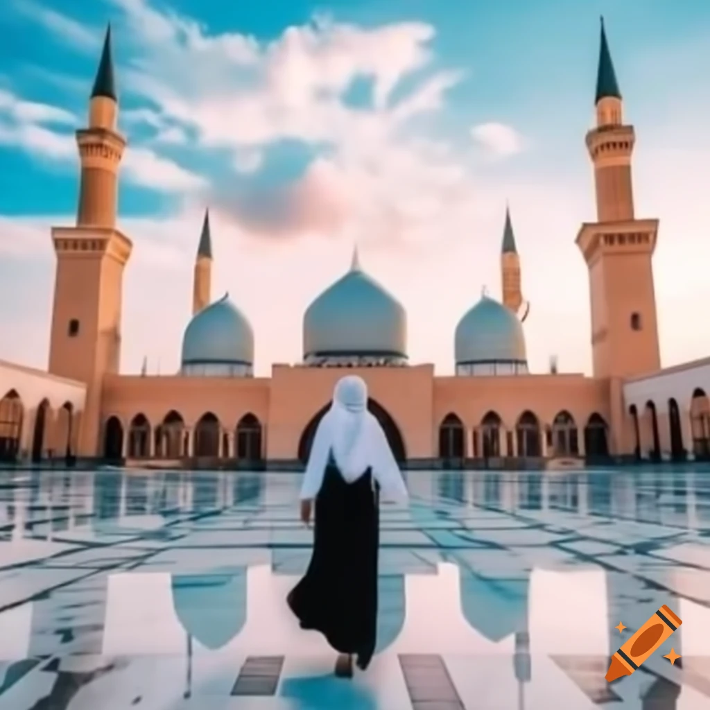 Muslim woman walking towards Kaaba with colorful sky and mosque in view
