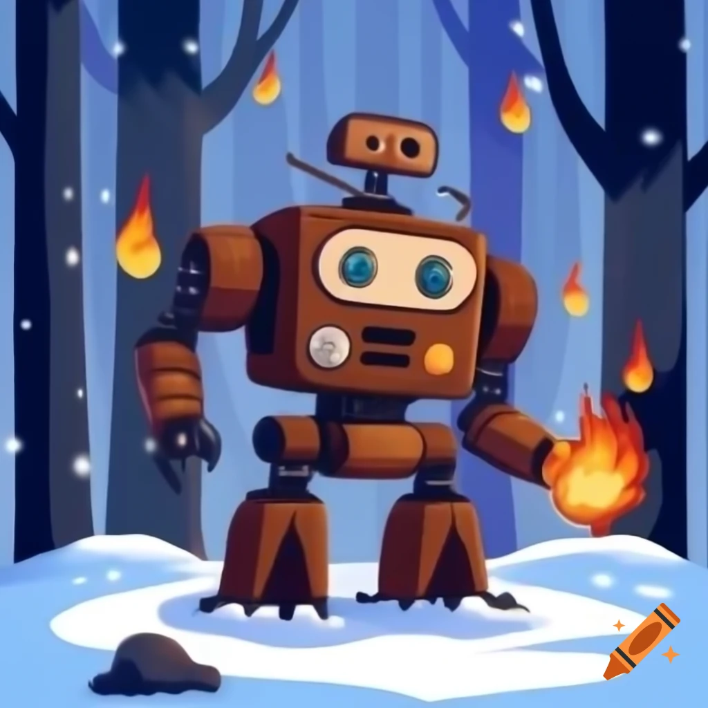 Old-fashioned robot battling three grizzly bears in snowy burning forest
